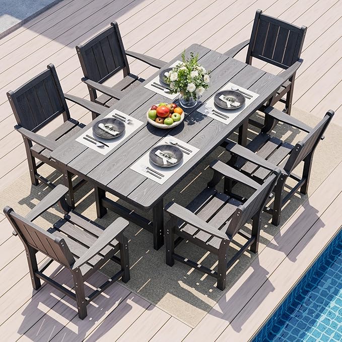 Pamapic 7 PCS Outdoor Dining Set, Spacious HDPE Outdoor Table and Chairs, Wood Grain Patio Furniture Sets with Elegant Armrest, All-Weather Patio Dining Table with Umbrella Hole, Gray