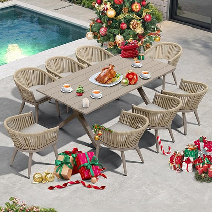 PURPLE LEAF 9 Pieces Outdoor Dining Set with Patio Aluminium Dining Table and Wicker Rattan Chairs Modern Furniture Cushions Sets for Backyard Indoor Decor Kitchen Champagne