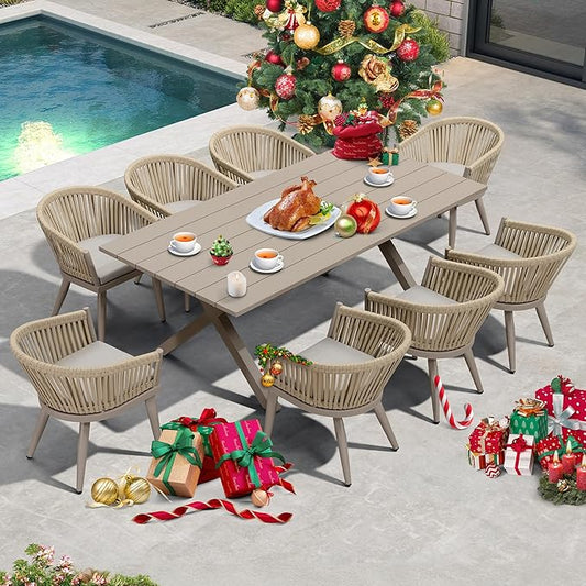 PURPLE LEAF 9 Pieces Outdoor Dining Set with Patio Aluminium Dining Table and Wicker Rattan Chairs Modern Furniture Cushions Sets for Backyard Indoor Decor Kitchen Champagne