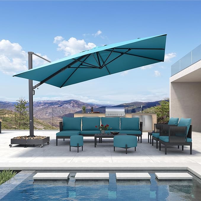 PURPLE LEAF 13 FT Square Patio Umbrella Large Cantilever Outdoor Aluminum Offset Umbrella with 360-degree Rotation for Garden Deck Backyard Pool Turquiose Blue