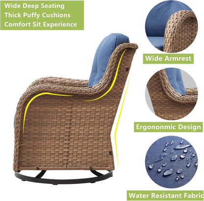Outdoor Wicker Patio Furniture Set - 5 Pieces Rattan Patio Conversation Set with 2 Rocking Swivel Chairs,2 Ottomans and 1 Side Table for Porch Deck Backyard Garden(Yellow/Blue)