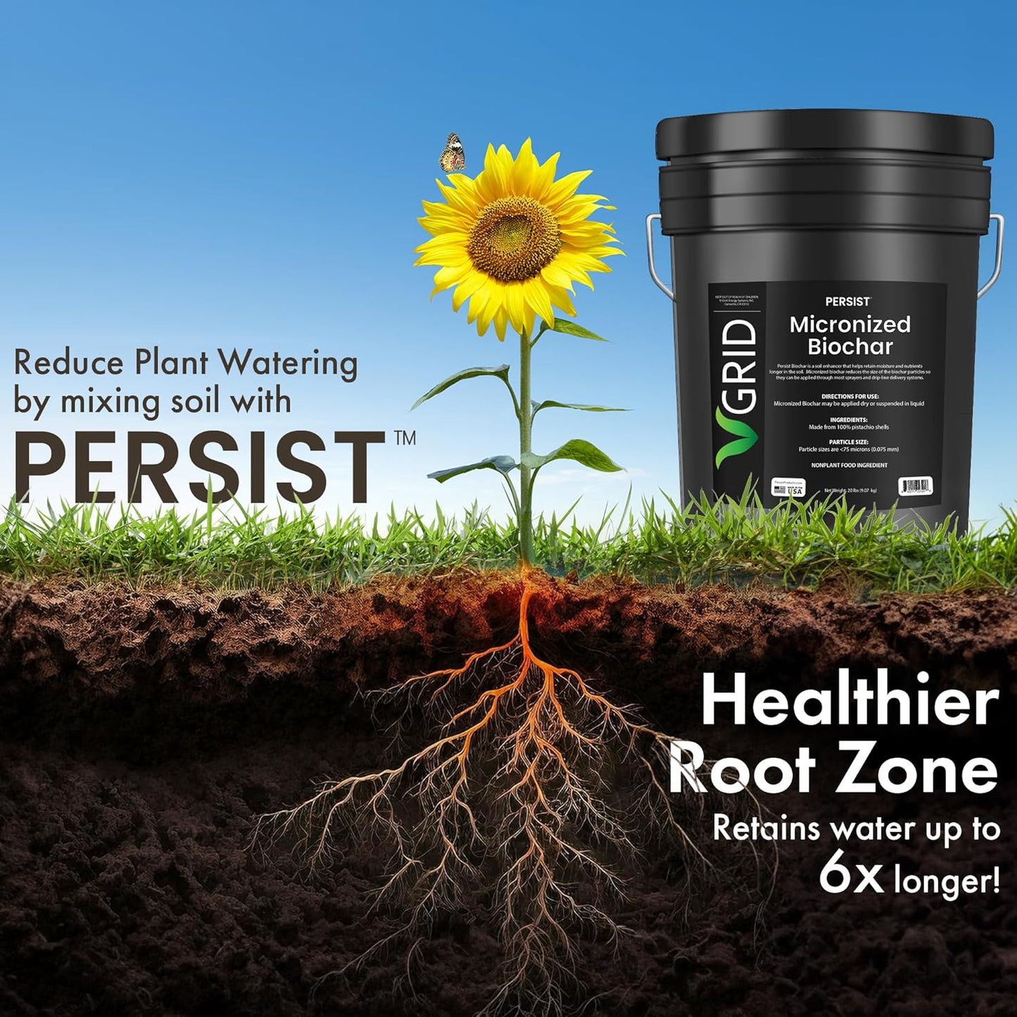 Persist Micronized Biochar Soil Amendment for Plants, for Use with Sprayers and Drip Line Systems, Improves Plant Soil, 100% Natural Active Carbon and Garden Plant Fertilizer (5 Gal)