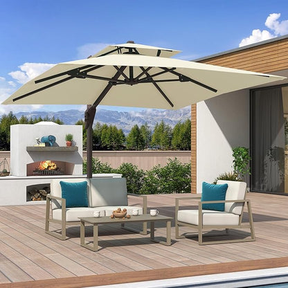 10x10 FT Cantilever Patio Umbrella with Base Included Double Top Outdoor Square Large Heavy Duty Aluminum Offset Umbrellas with 7 Level Tilt 360-degree Rotation for Pool Garden Deck,Beige