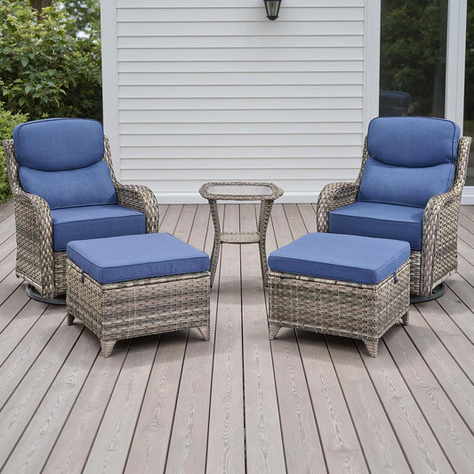 Wicker Outdoor Patio Furniture Set - 5 Piece Patio Conversation Sets with Swivel Rocker Chairs, Ottomans and Side Table, 6 inch Cushions, Waterproof Wicker, for Porch Deck Mixed Grey/Blue