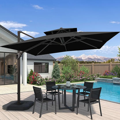 10x10 FT Cantilever Patio Umbrella with Base Included Double Top Outdoor Square Large Heavy Duty Aluminum Offset Umbrellas with 7 Level Tilt 360-degree Rotation for Pool Garden Deck,Black