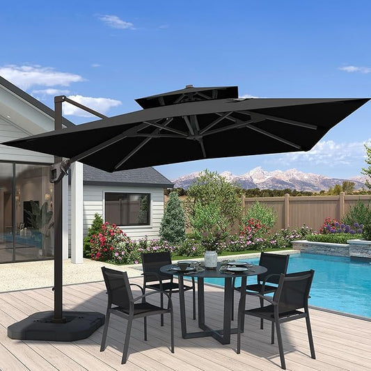 10x10 FT Cantilever Patio Umbrella with Base Included Double Top Outdoor Square Large Heavy Duty Aluminum Offset Umbrellas with 7 Level Tilt 360-degree Rotation for Pool Garden Deck,Black