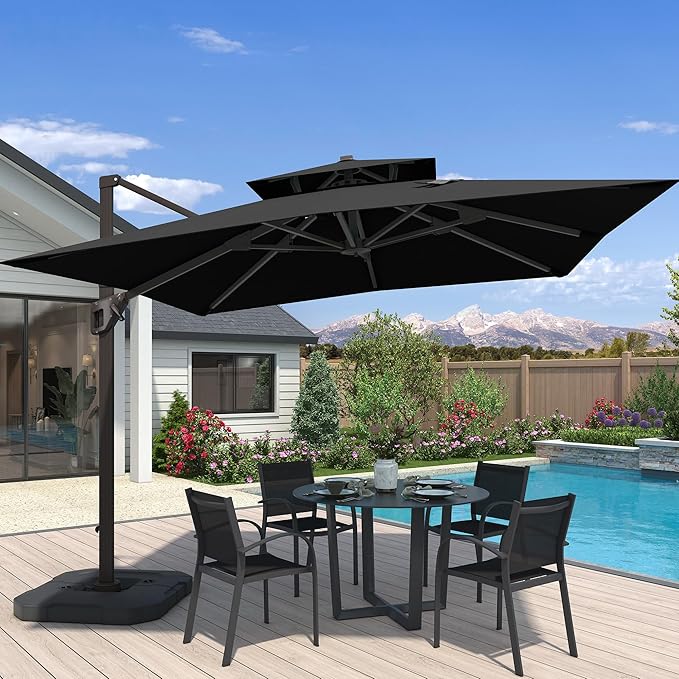 10x10 FT Cantilever Patio Umbrella Double Top Outdoor Square Large Heavy Duty Aluminum Offset Umbrellas with 7 Level Tilt 360-degree Rotation for Pool Garden Deck, Black