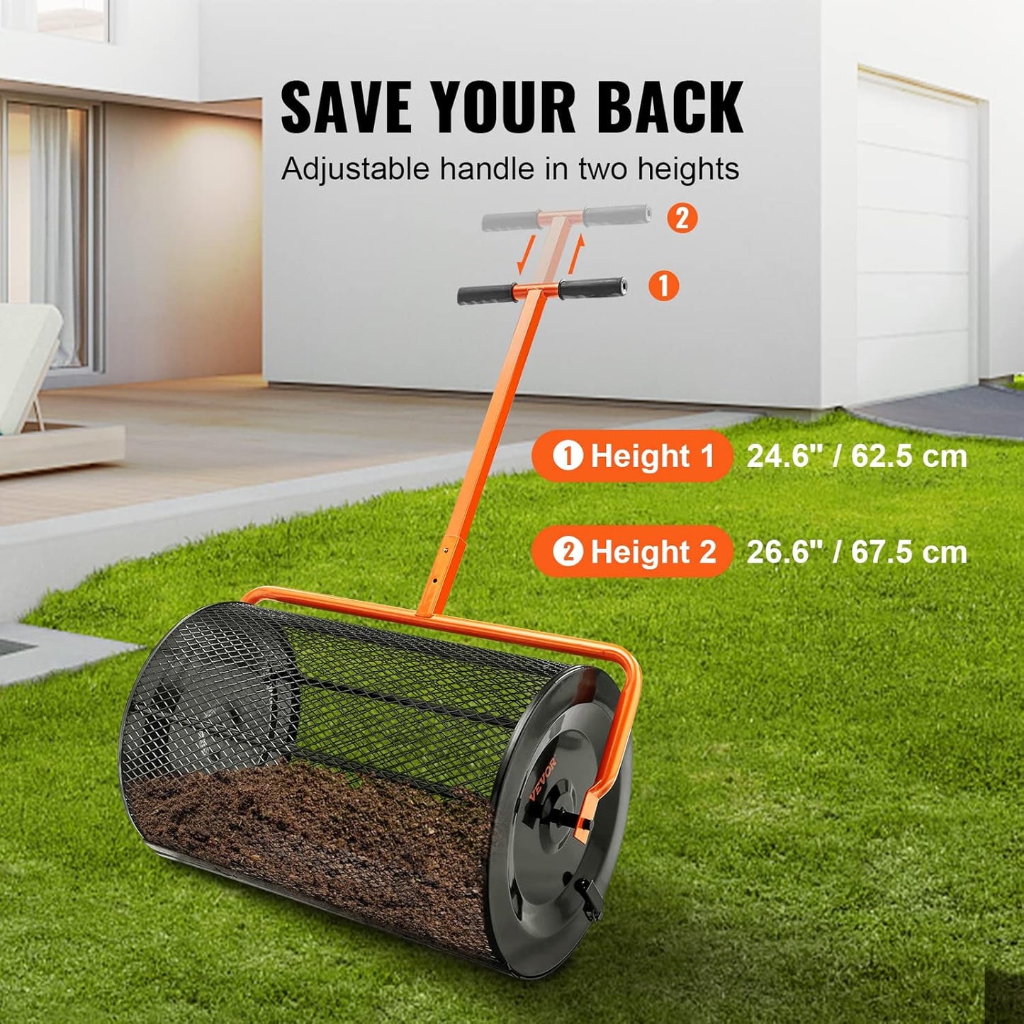 VEVOR Compost Spreader, 24.4-25.6" Height Adjustable Handle, 24" Wide, Lawn and Garden Peat Moss Roller with Side Latches, Powder Coated Steel Mesh Basket for Spreading Manure, Topsoil, Black