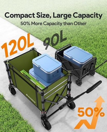 Collapsible Wagon Cart with Wheels 220lbs Foldable Wagon 120L Shopping Cart for Groceries Folding Utility Wagon for Beach, Garden, Camping, Sport, Wheelbarrows, Green