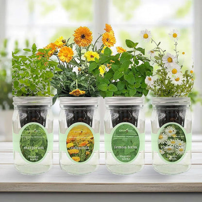 Hydroponic Herb Growing Kit Set, Self-Watering Mason Jar Herb Garden Starter Kit Indoor, Grow 4 Kinds of Herbs from Seeds (Calendula,Chamomile,Lemon Balm&Marjoram)