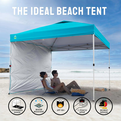 CROWN SHADES 10x10 Pop Up Canopy with 1 Side Wall - Beach Tent with One Push Setup - Outdoor Sun Shade for Events, Parties, Camping - Gazebo with STO-N-Go Cover Bag (Cyan Blue)