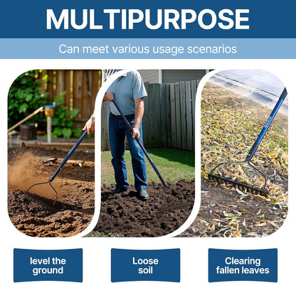 57 Inch Heavy Duty Garden Rake with Blue Fiberglass Handle - 14-Tooth Metal Yard Rake for Gardening, Farming, and Yard Work - Durable Hard Rakes for Heavy Duty Use