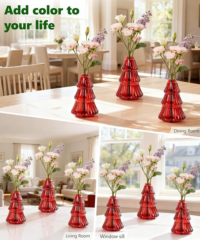 Nacome Christmas Tree Propagation Stations: 3PCS Plant Terrarium Glass Vases for Home Office Decor, for Plant Lovers Women Mom (Red)