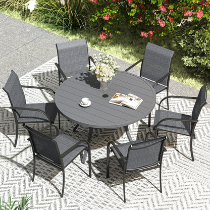 VICLLAX Patio Dining Set for 6, Outdoor Furniture Set Includes 47.2" Round Patio Table and 6 Patio Sling Chairs, Grey Tabletop and Grey Fabric
