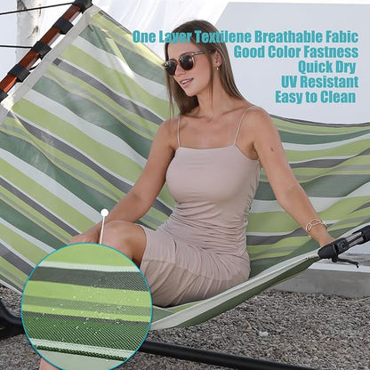 TegerDeger 12FT 2 Person Hammock Large Hammock Quick Dry 450LB Capacity with V Shaped Hardwood Spreader Bar & Nylon Rope for Outside, Patio, Garden, Backyard, Beach, Poolside - Tender Green Stripes