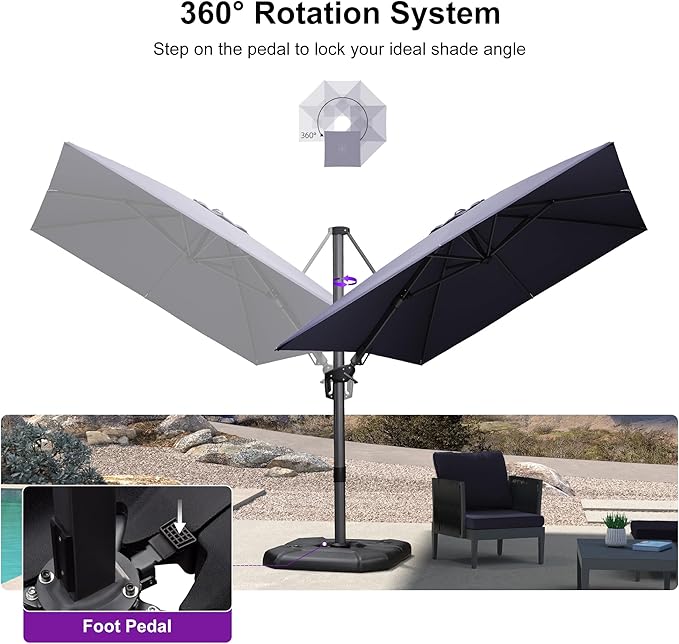 PURPLE LEAF 8' X 11' Left-right Tilting Patio Umbrella Outdoor Cantilever Swivel Rectangle Umbrella with Tilt Aluminum Offset Umbrella with 360-degree Rotation for Garden Deck Pool Patio Navy Blue