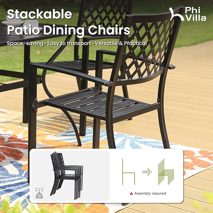 PHI VILLA 3 Piece Outdoor Bistro Set for 2, 22" Metal Square Table with Umbrella Hole & Stacking Wrought Iron Chairs, Small Furniture Conversation Set for Porch, Deck, Balcony, Patio, Yard - Black