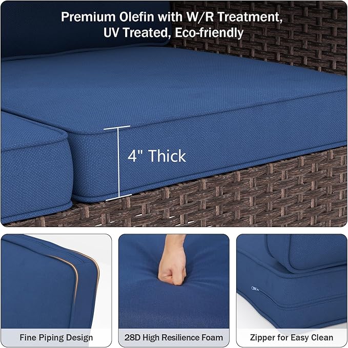 Outdoor Chair Cushions 23" x 24" x 4", Patio Deep Seat Replacement Cushions Set with Zippered Removable Cover, Weather-Resistant Olefin Fabric for Garden Chair Sofa Couch, Set of 6, Blue