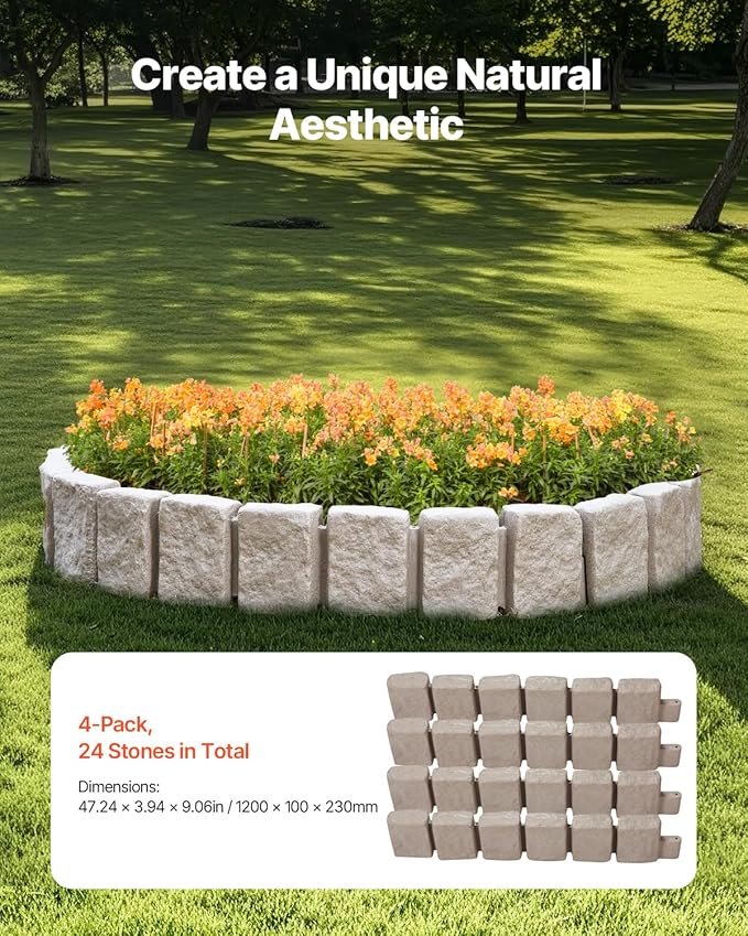 VEVOR Faux Stone Landscape Edging, No Dig Garden Edging Border, Flexible Blocks for Lawn Edging, Flower Beds, Driveway, Yards with 12 Spikes, 4 Pack 24 Bricks 16FT Kit, 47.2" Lx 4" W x 9" H, Beige