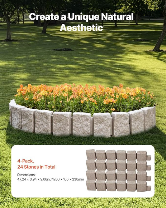 VEVOR Faux Stone Landscape Edging, No Dig Garden Edging Border, Flexible Blocks for Lawn Edging, Flower Beds, Driveway, Yards with 12 Spikes, 4 Pack 24 Bricks 16FT Kit, 47.2" Lx 4" W x 9" H, Beige