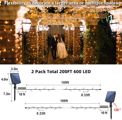 2-Pack 200FT Solar String Lights for Outside, 600 LED Extra-Bright Solar Light Outdoor with 19 Modes & Timer, Waterproof Fairy Solar Lights for Garden Patio Tree Christmas Decorations (Warm White)
