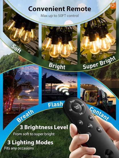 KYY 54FT Solar String Lights Outdoor Waterproof with USB Charging & Remote, Dimmable & Timable, Solar Powered Patio Lights with LED Shatterproof Bulbs for Deck Backyard Porch Garden Camping