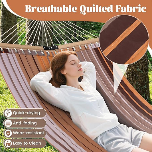 Tangkula 10.5FT Double Hammock, Heavy Duty Outdoor Hammock with Curved Spreader Bars, Detachable Pillow, 2 Person Hammocks for Outside, Porch, Patio (Stand is not Included) (Coffee)