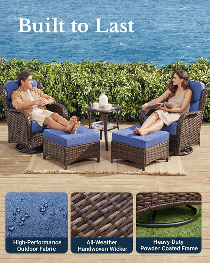 HILLGA Luxury Outdoor Swivel Rocker Patio Chairs of 2 with 6 Inch Thick Cushions and Side Table, Swivel Outdoor Chairs 5PCS High Back Wicker Patio Furniture Set for Porch, Balcony, Deck in Blue