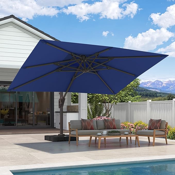 9x12 FT Cantilever Patio Umbrella with Base Included Double Top Outdoor Rectangular Large Heavy Duty Aluminum Offset Umbrellas with 7 Level Tilt 360-degree Rotation for Pool Garden Deck, Navy