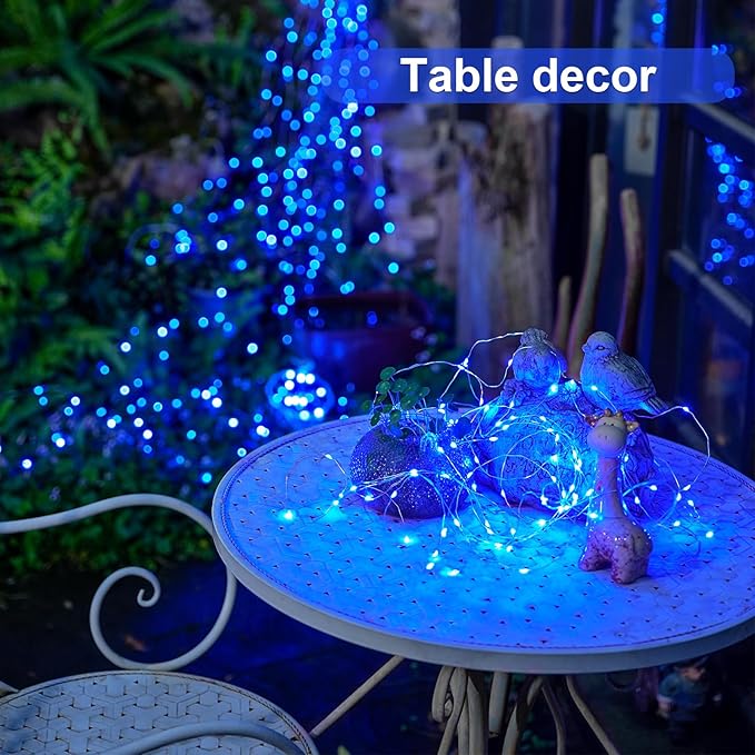 JMEXSUSS 2 Pack Blue Solar String Lights Outdoor Waterproof, Each 33ft 100 LED Solar Fairy Lights, 8 Modes Copper Wire Mini Christmas Light for Outside Patio Garden Tree Christmas Decorations
