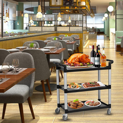 Utility Service Cart 3 Shelf, Rolling Push Cart with Brake Wheel, Plastic Heavy Duty 3-Tier Food Service Cart for Office, Warehouse, Garage, Restaurant, Cleaning, 360lbs Capacity, Black