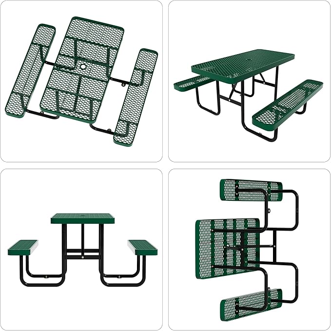 48'' Rectangular Steel Picnic Table for Outdoors,Commercial Metal Picnic Table Bench Set with Umbrella Hole,School Canteen Table W/Seats - Heavy Duty Sturdy Picnic Tables Furniture for Patio Garden