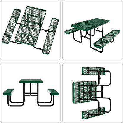 48'' Rectangular Steel Picnic Table for Outdoors,Commercial Metal Picnic Table Bench Set with Umbrella Hole,School Canteen Table W/Seats - Heavy Duty Sturdy Picnic Tables Furniture for Patio Garden