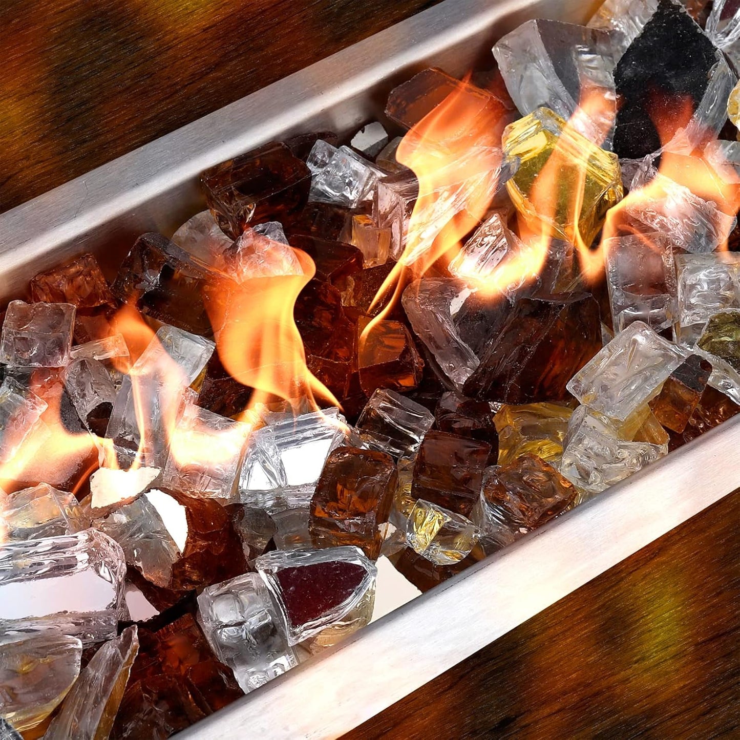 Mr. Fireglass 10 Pounds Blended Reflective Fire Glass for Fire Pit Fireplace and Landscaping, 1/2 Inch Mixed Colored High Luster Fireglass Rocks for Outdoor and Indoor Use Copper+Gold+Platinum