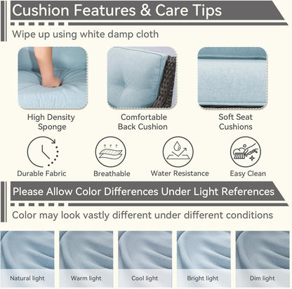 6 Pieces Outdoor Furniture Set - Patio Wicker Swivel Rocker Chair Set of 4 and 2 Side Table, Light Blue, Mixed Brown Rattan, Suitable for Porch, Yard