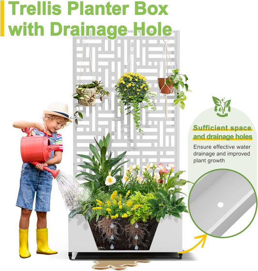 FENCY Metal Raised Garden Bed with Wheels and Trellis,73"x35"x16" Planter Box for Climbing Plants, Vegetables & Vines, Features Privacy Screen and Drainage Holes (White-Geometric Lattice)