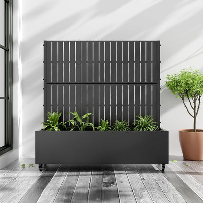 Casaphoria Metal Raised Garden Bed with Trellis and Wheels, 47"x47"x16" Planter Box for Climbing Plants, Vegetables & Vines, Features Drainage Holes and Privacy Screen (Black-Fence)
