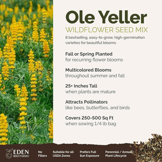 Eden Brothers Ole Yeller Wildflower Mixed Seeds for Planting, 1/4 lb, 120,000+ Seeds with African Marigold, Sunflower | Attracts Pollinators, Plant in Spring or Fall, Zones 3, 4, 5, 6, 7, 8, 9, 10