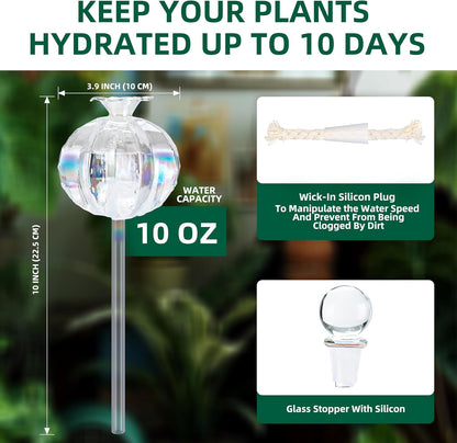 10 oz Large Top Fill Cactus Plant Self Watering Globes, Light Iridescent Glass Water Bulbs, Slow Release Watering Devices System Indoor | Outdoor Everyday Use, Water Spikes Stakes, 2 Pack