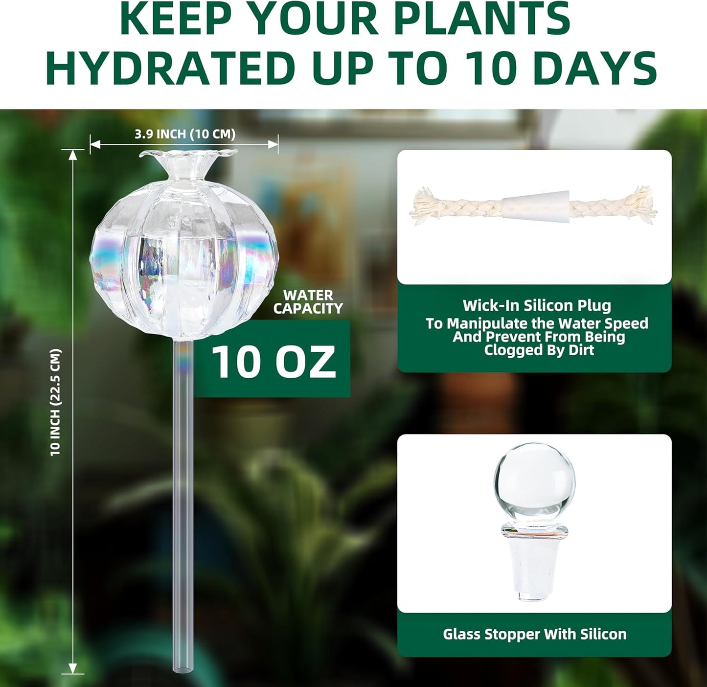 10 oz Large Top Fill Cactus Plant Watering Globes, Light Iridescent Glass Water Bulbs, Slow Release Self Watering Devices, Vacation Plant Watering System Self Watering Planter Insert, 4 Pack