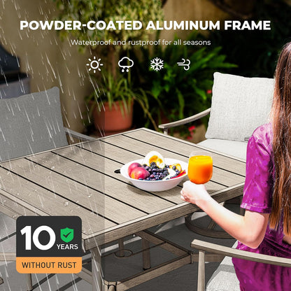 HAPPATIO Patio Table for 4, Modern Square Outdoor Dining Table with Umbrella Hole and Adjustable Feet, All Weather Aluminum Patio Table for Garden, Backyard and Poolside, Grey