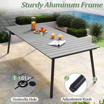 Outdoor Dining Table for 8-10, 94.5 inch Patio Dining Table with Wooden-Like Top and Aluminum Frame, Rectangular Table with Umbrella Hole Outdoor Furniture, Grey