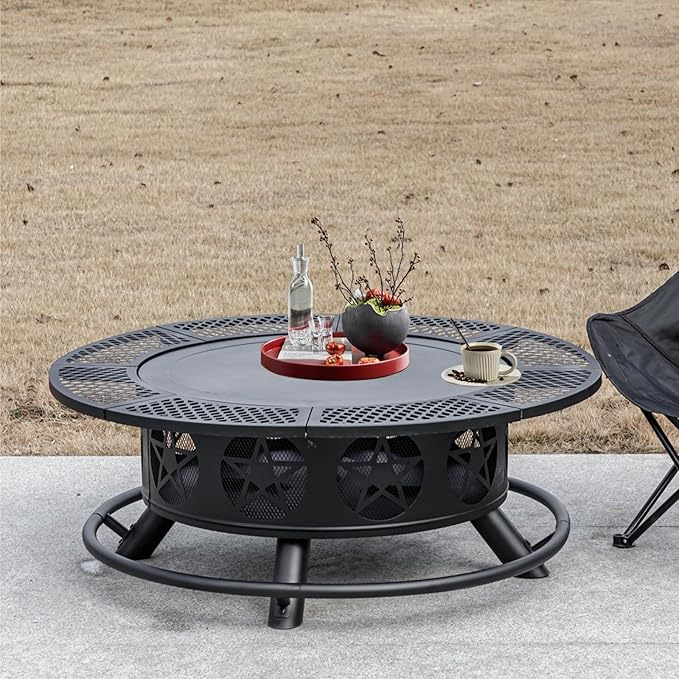 36 Inch Fire Pit with 2 Grills, Wood Burning Fire Pits for Outside with Lid & Poker, BBQ& Outdoor Firepit & Round Metal Table 3 in 1 for Patio, Picnic, Party