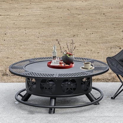 36 Inch Fire Pit with 2 Grills, Wood Burning Fire Pits for Outside with Lid & Poker, BBQ& Outdoor Firepit & Round Metal Table 3 in 1 for Patio, Picnic, Party