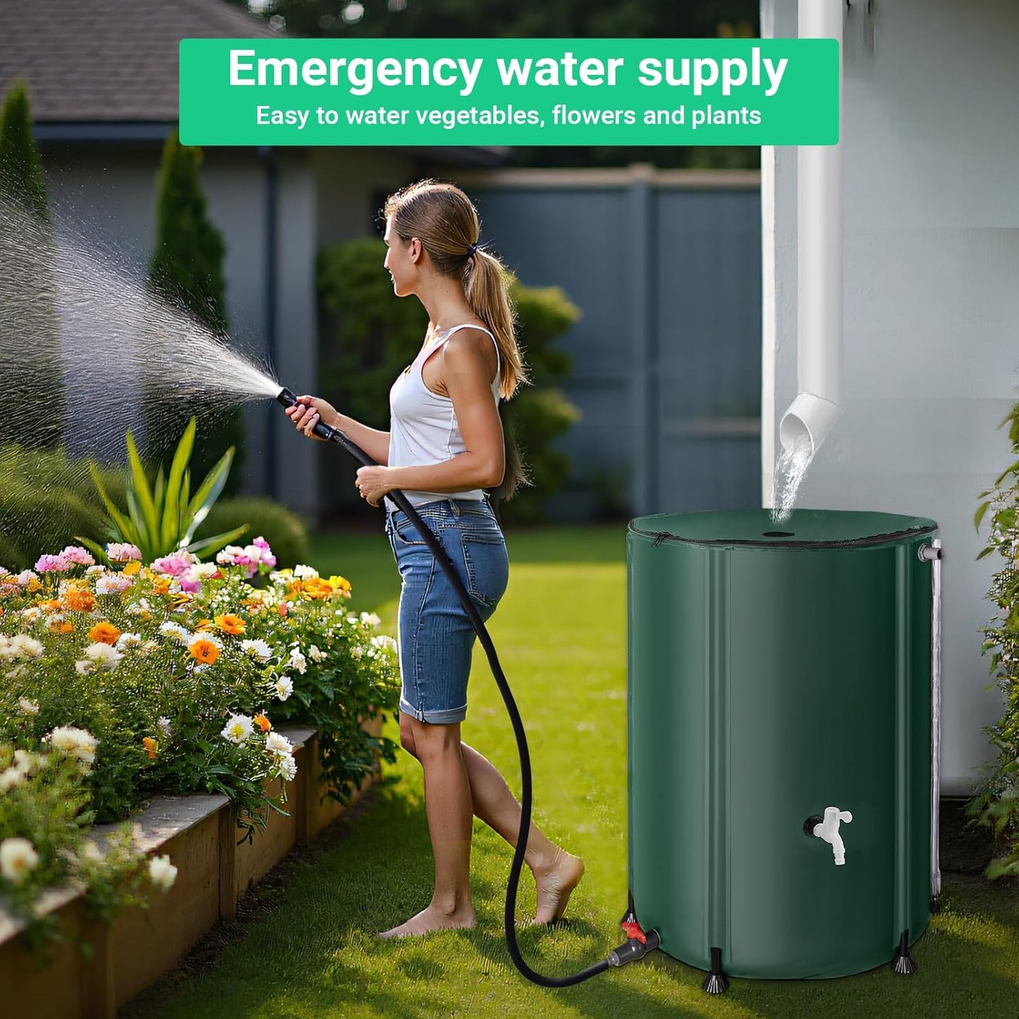 132 Gallon / 500L Collapsible Rain Barrel, Foldable PVC Water Barrels to Collect Rainwater from Gutter, Portable Water Collection System with Hose Spigot, Garden Water Catcher Collector Green