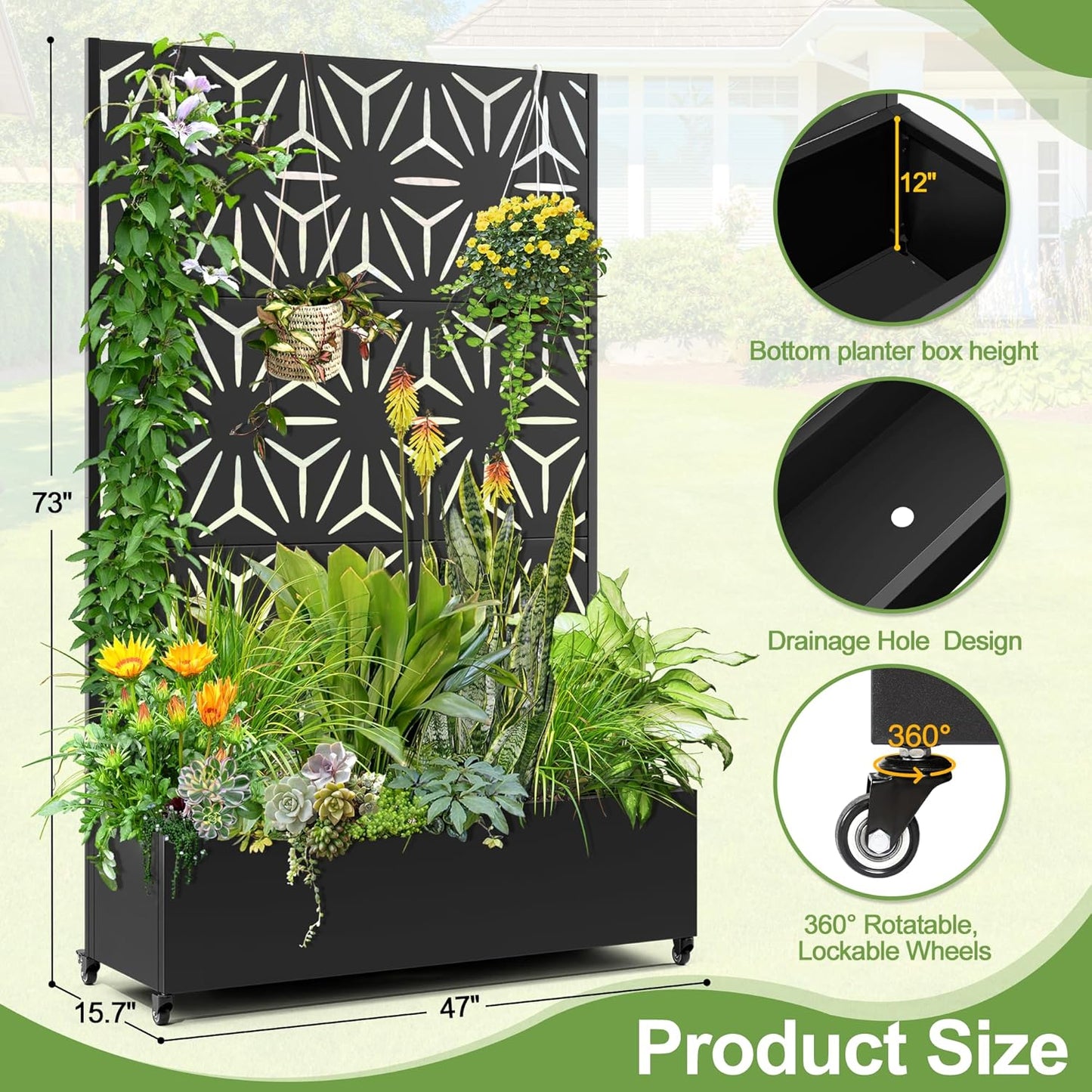 Raised Garden Bed with Trellis and Wheels,73"x47"x16" Metal Raised Garden Bed,Black Star Metal Planter with Climbing Trellis for Vines & Vegetables