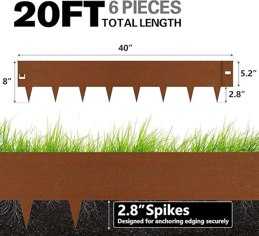 Worth Garden 6-Pack 8" H. Corten Steel Landscape Lawn Edging (20Ft Total) - Rust Patina Finish 18-Gauge Bendable Metal Strips - Hammer-in Edging Border - Buckle Connection - Yard Pathway Divider