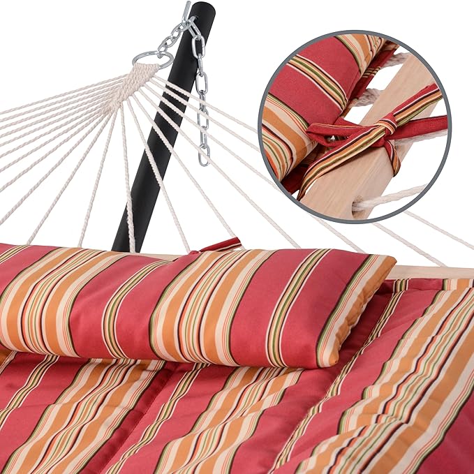 SUNCREAT Rope Hammocks for Outside with Polyester Pad and Stand, Extra Large Double Hammock with Wooden Stand, Red Strips