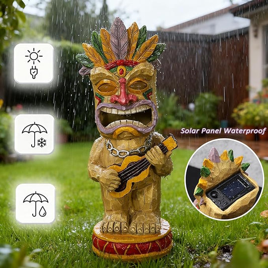 Solar Tiki Garden Statue with LED Eyes Outdoor Resin Ukulele Player Yard Decor Solar Light Hawaiian Style Lawn Ornament for Patio Porch Lawn Tiki Bar or Tiki Lover Funny Gifts Stocking Stuffers