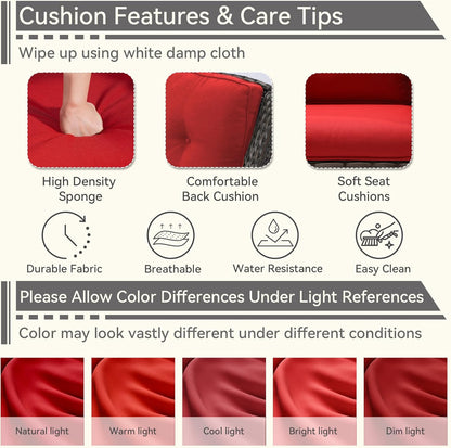 5 Pieces Patio Conversation Set, Wicker Chairs Set of 2 and Two Ottomans with 3.5-inch Seat Cushions, 1 Side Table High Back and Curved Armrest for Backyard, Balcony and Deck, Red